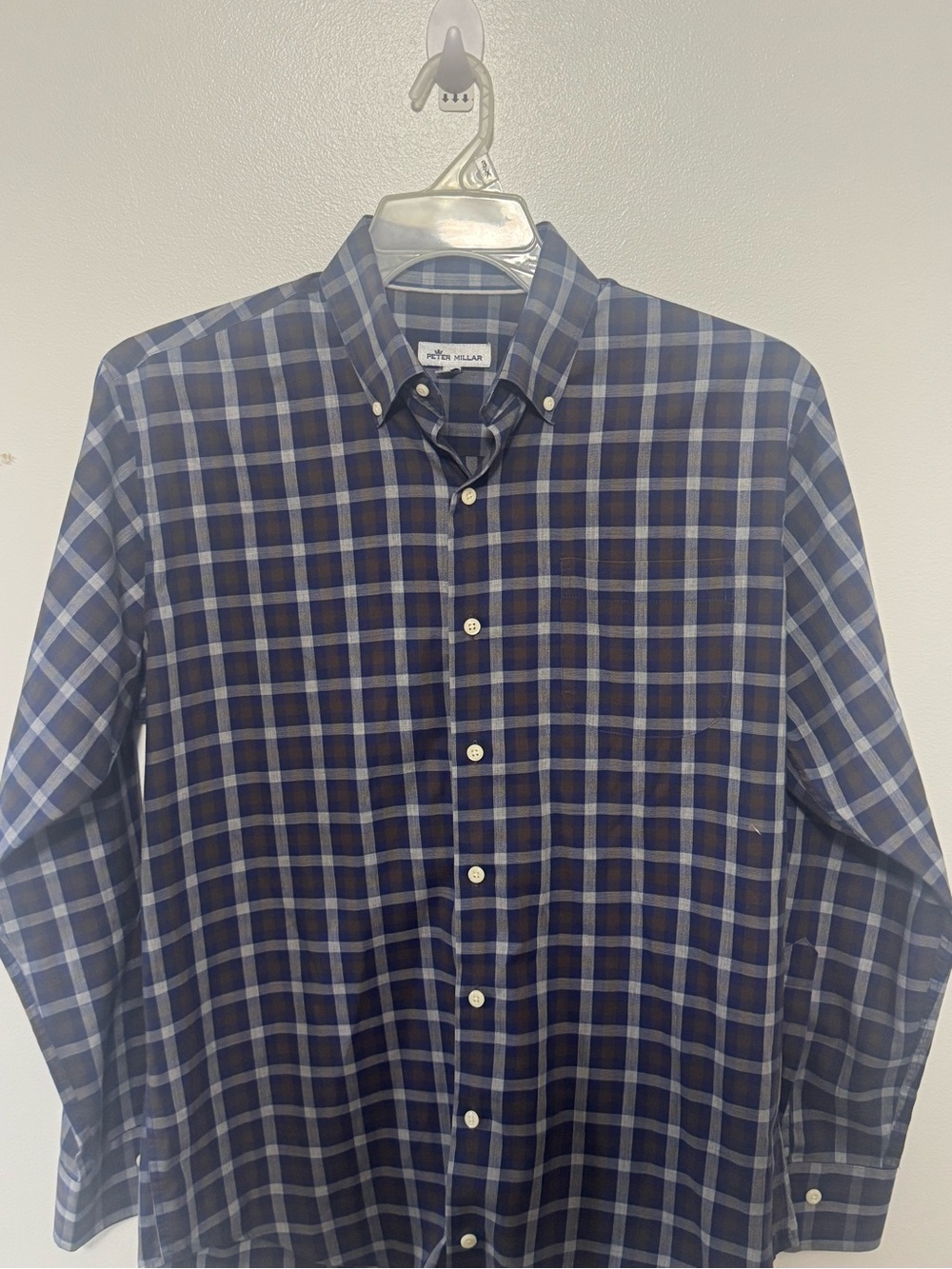 Peter Millar Navy and Light Blue Plaid Button-Down Shirt with Brown Accents